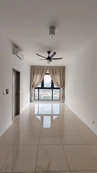 Living features: white painted walls, polished ceramic tile flooring, 5-blade ceiling fan with light, floor-to-ceiling windows, sheer curtains, air conditioning unit, neutral color scheme, natural light from windows; style: modern; view: city.