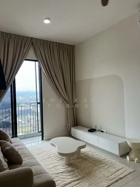 Living features: light grey fabric sofa, coffee table with rounded edges, white TV console, floor-to-ceiling windows, sheer curtains, recessed ceiling lights, area rug with circular pattern, wall-mounted TV, decorative wall niche; style: modern; view: city.