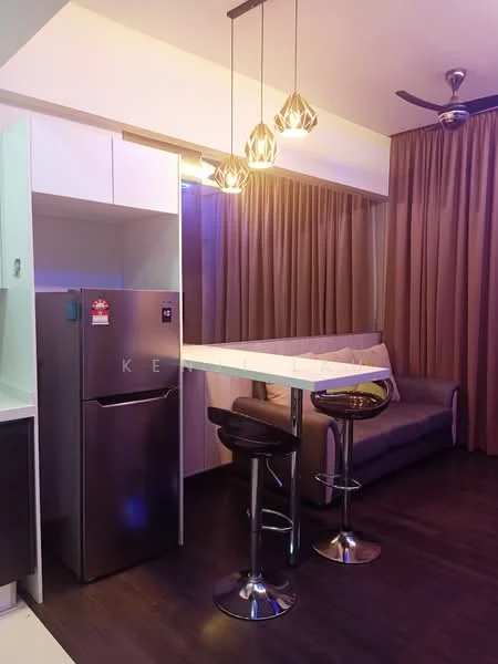 Living features: grey fabric sofa, bar-height dining table, 2 chrome bar stools, stainless-steel fridge, pendant lighting with geometric design, brown curtains, dark wood flooring, white cabinetry, recessed lighting; style: modern.