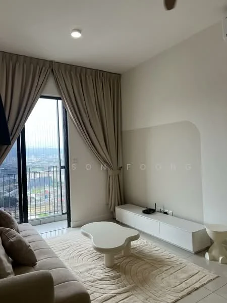 Living features: beige fabric sofa, round coffee table, white TV console, floor-to-ceiling windows, sheer curtains, light-colored area rug, recessed downlights, wall-mounted TV, decorative wall niche; style: modern; view: city.