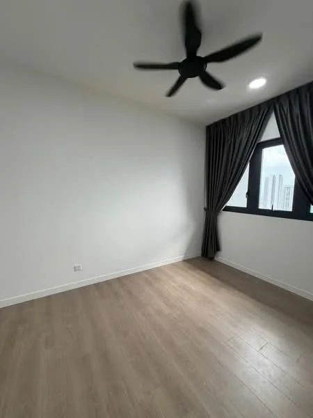 Room features: light wood laminate flooring, white painted walls, blackout curtains, floor-to-ceiling window, ceiling fan; style: modern; view: city.