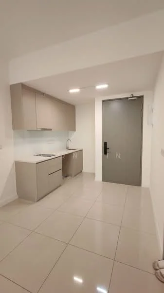 Kitchen features: light grey cabinetry, white backsplash, stainless-steel sink, chrome pull-down faucet, built-in stove, built-in oven, white countertop, tile flooring, recessed LED downlights, single door, wall-mounted cabinet, open layout; style: modern.