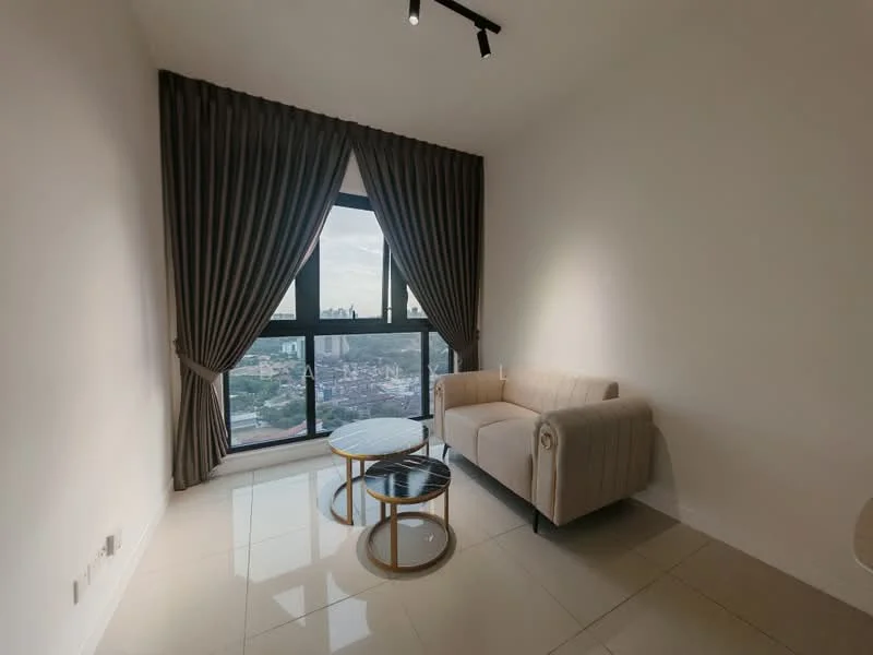 Living features: beige fabric sofa, round coffee table with gold base, floor-to-ceiling windows, grey curtains, white painted walls, glossy tile flooring, recessed downlights, city view; style: modern; view: city.
