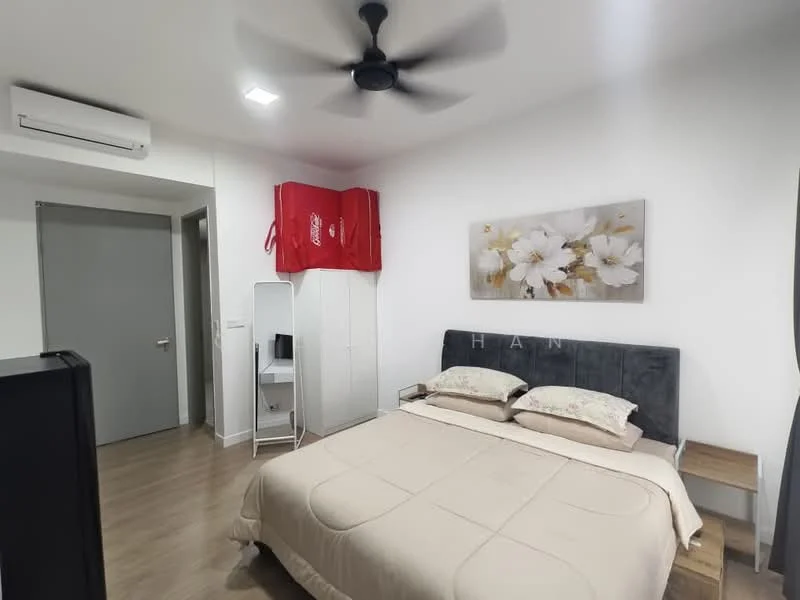 Bedroom features: king-size bed with upholstered headboard, bedding in neutral tones, 2 bedside tables, wall-mounted artwork with floral design, ceiling fan, wall-mounted air conditioning unit, light-colored laminate flooring, white painted walls, built-in wardrobe with sliding doors, small study desk, chair, doorway leading to another room; style: modern.