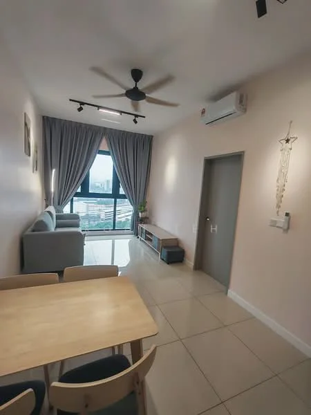 Living features: 3-seater fabric sofa in grey, ceiling fan with light, floor-to-ceiling windows, curtains, wall-mounted TV, TV console, dining table with 4 chairs, light-colored walls, tile flooring, air conditioning unit; style: modern; view: city.