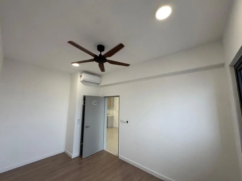Room features: white painted walls, wooden flooring, 5-blade ceiling fan, wall-mounted split AC, door leading to another room, recessed downlights.