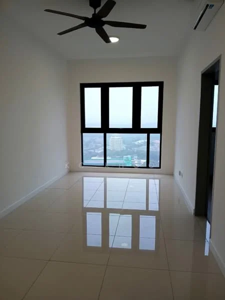 Room features: white painted walls, glossy ceramic tile flooring, 5-blade ceiling fan, recessed downlights, floor-to-ceiling windows, black window frames, city view, air conditioning unit; style: modern; view: city.