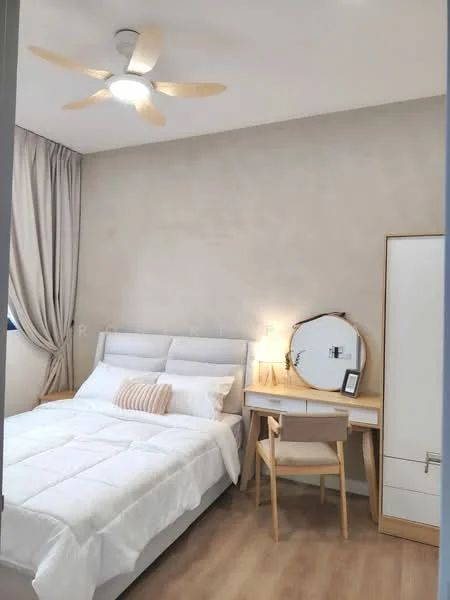 Bedroom features: queen-size bed with white bedding, upholstered headboard, wooden bedside table, desk with chair, round mirror, light wood dresser, 5-blade ceiling fan with light, curtains, light wood flooring, neutral painted walls; style: modern.