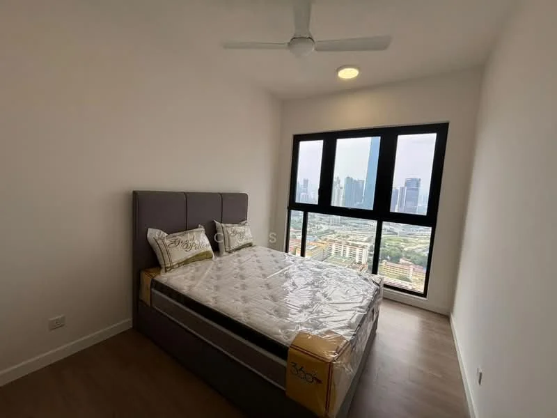 Bedroom features: king-size bed, upholstered headboard, bedside lamps, floor-to-ceiling windows, city view, light wood flooring, ceiling fan, recessed downlights; style: modern; view: city.