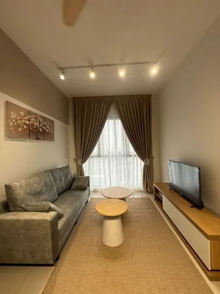 Living features: 3-seater fabric sofa in grey, round coffee table with white base, TV console with wooden finish, wall-mounted TV, floor-to-ceiling windows, sheer curtains, recessed LED downlights, area rug with neutral color, decorative wall art with floral pattern, cream painted walls; style: modern; view: city.