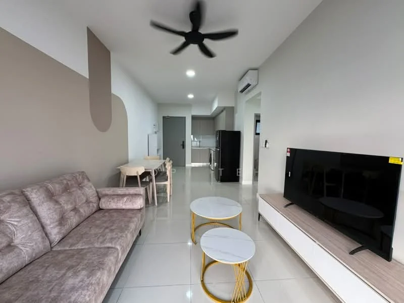 Living features: 3-seater fabric sofa in light grey, 2 round coffee tables with white tops and gold bases, wall-mounted TV, TV console in white, recessed downlights, 5-blade ceiling fan, glossy tile flooring, air conditioning unit, open layout to kitchen and dining area; style: modern. Kitchen features: stainless-steel fridge, built-in kitchen cabinetry, open-plan layout, countertop space, kitchen island with seating; style: modern. Dining features: 4-seater dining table, wooden dining chairs; style: modern.