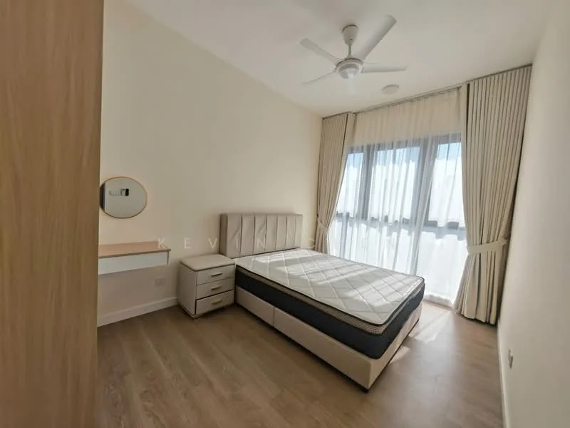 Bedroom features: queen-size bed, upholstered headboard, bedside table with drawer, ceiling fan, floor-to-ceiling windows, sheer curtains, wooden flooring, light-colored walls, wall-mounted mirror, built-in wardrobe; style: modern; view: city.