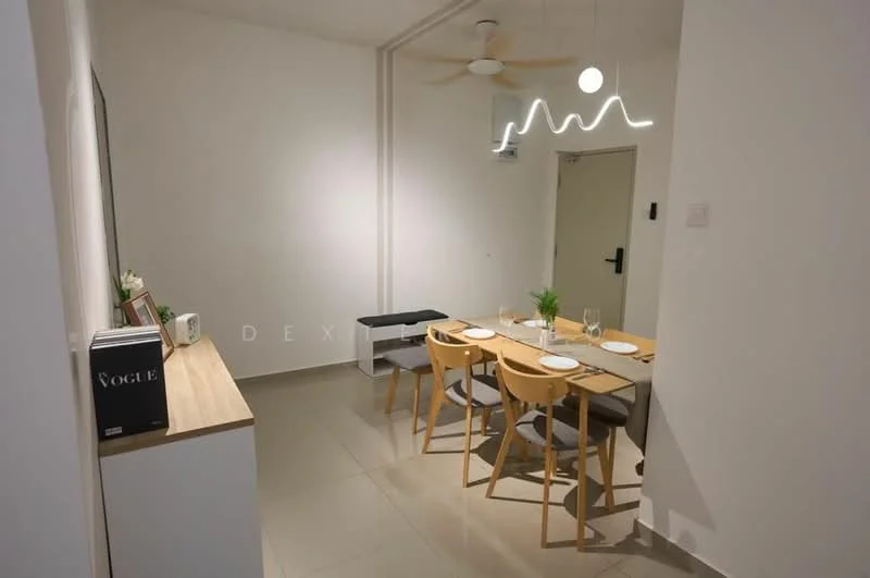 Dining features: dining table for 4, wooden dining chairs, pendant light fixture, white walls, light grey tiled flooring, decorative plant on table, sideboard with wooden top, microwave, framed artwork on wall, ceiling fan; style: modern.