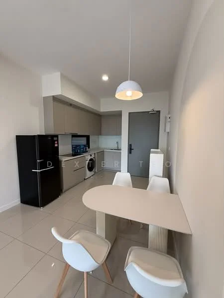 Kitchen features: white painted walls, glossy tile flooring, recessed downlights, single-bowl stainless-steel sink, chrome pull-down faucet, white cabinetry with flat-panel doors, built-in oven, freestanding range oven, stainless-steel fridge, front-load washing machine, breakfast bar, 4-seater dining table, white plastic dining chairs, pendant light fixture; style: modern.