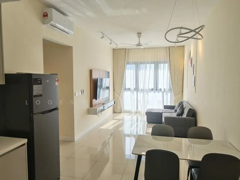 Living features: grey fabric sofa, wall-mounted TV, dining table with 4 chairs, white walls, recessed downlights, 5-blade ceiling fan, large windows with sheer curtains, glossy tile flooring, air conditioning unit; style: modern; view: city. Kitchen features: black fridge, white cabinetry, countertop, stainless-steel sink, built-in appliances; style: modern.