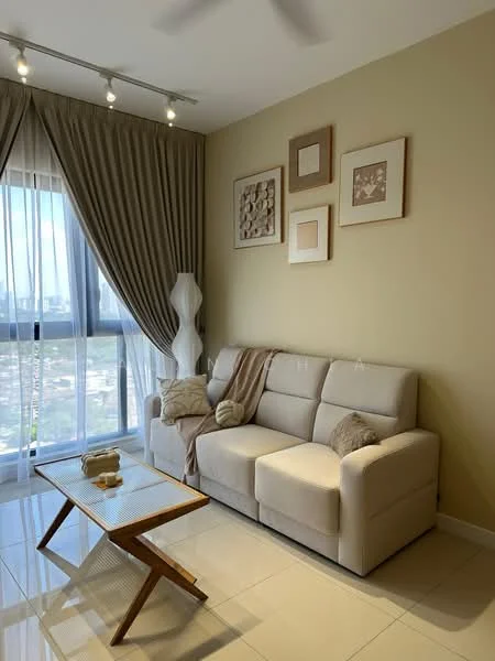 Living features: beige fabric sofa, wooden coffee table, decorative throw blanket, framed artwork on walls, floor-to-ceiling windows, sheer curtains, recessed ceiling lights, light-colored walls, tile flooring, decorative vase, wall-mounted light fixture; style: modern; view: city.