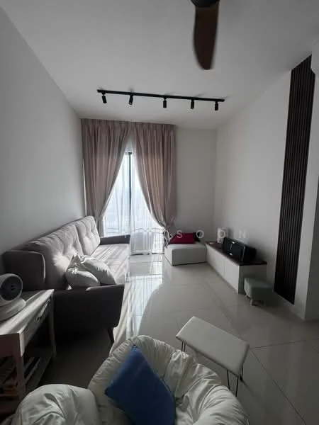 Living features: grey fabric 3-seater sofa, white coffee table, TV console, wall-mounted TV, floor-to-ceiling windows, sheer curtains, recessed LED downlights, polished tile flooring, decorative wall paneling, ceiling fan; style: modern; view: city.