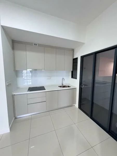 Kitchen features: light grey cabinetry, white quartz countertop, single-bowl stainless-steel sink, chrome pull-down faucet, built-in cooktop, wall-mounted oven, tile backsplash, ceramic tile flooring, recessed downlights, floor-to-ceiling glass door, open shelving, pantry cabinet; style: modern.