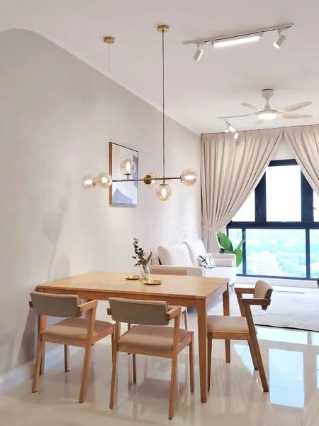 Dining features: wooden dining table, 4 dining chairs with fabric upholstery, pendant light fixture with glass bulbs, white walls, polished tile flooring, ceiling fan, floor-to-ceiling windows, sheer curtains, decorative wall art, greenery visible through windows; style: modern; view: city.