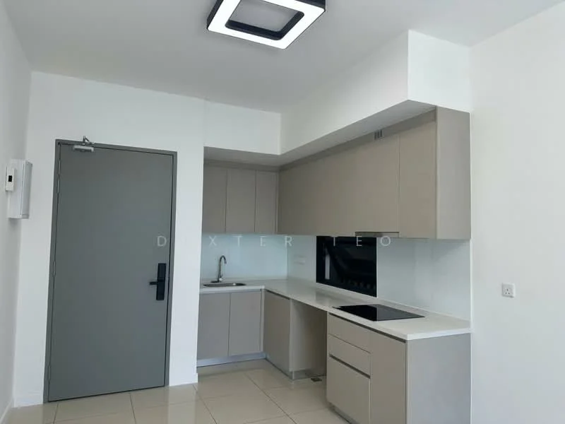 Kitchen features: light grey cabinetry, white countertop, single-bowl stainless-steel sink, chrome pull-down faucet, built-in oven, induction hob, black glass splashback, recessed LED downlights, wall-mounted kitchen cabinet, tile flooring, white walls, modern ceiling light fixture; style: modern.