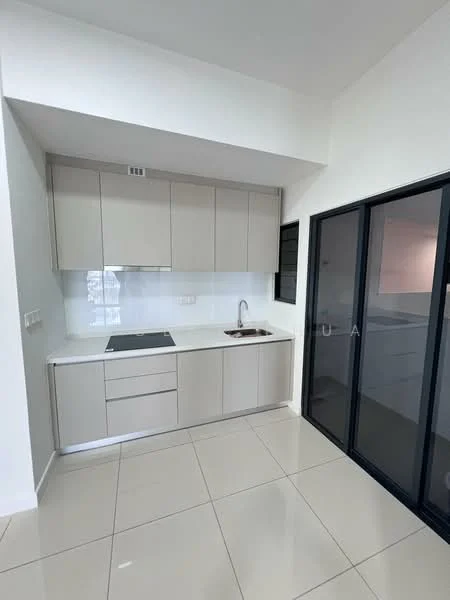 Kitchen features: light grey cabinetry, white countertop, single-bowl stainless-steel sink, chrome pull-down faucet, built-in cooktop, tile backsplash, sliding glass door, ceramic tile flooring, recessed downlights, open shelving, wall-mounted cabinets; style: modern.