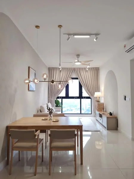 Dining features: dining table with wooden surface, 4 wooden dining chairs, pendant light fixture with multiple bulbs, recessed LED downlights, floor-to-ceiling windows, sheer curtains, light-colored walls, glossy tile flooring, ceiling fan, decorative wall art, sideboard with storage; style: modern; view: city.
