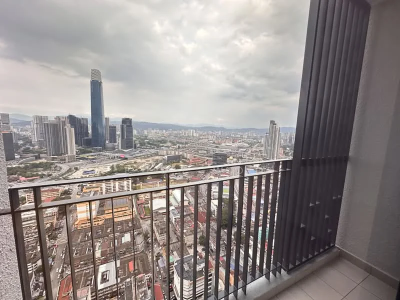 Balcony features: city skyline view, glass railing, grey tiled flooring, vertical metal slats, high-rise building, outdoor space; style: modern; view: city.