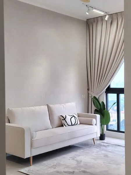 Living features: light grey painted walls, floor-to-ceiling windows, sheer curtains, 3-seater fabric sofa in light beige, decorative throw pillow with black pattern, area rug with neutral tones, indoor plant in ceramic pot, recessed ceiling lights; style: modern; view: city.