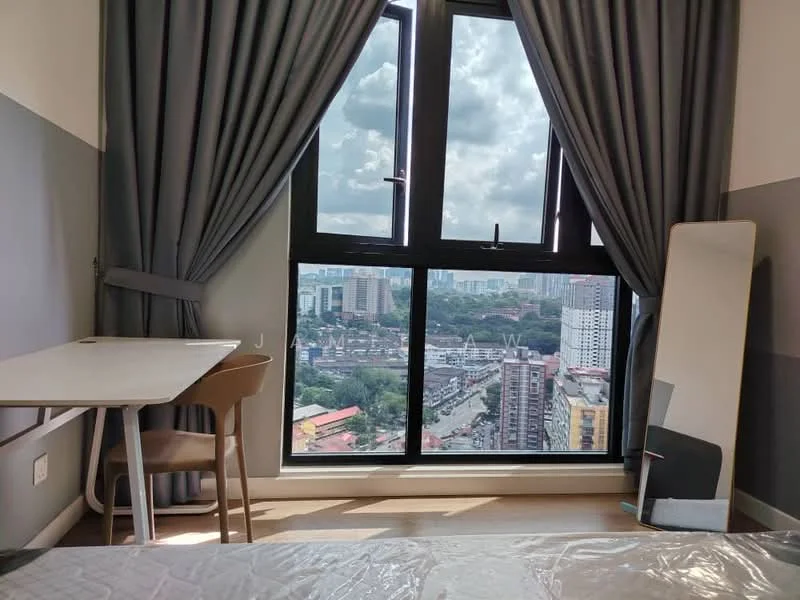 Room features: floor-to-ceiling windows, grey curtains, white walls, light wood flooring, desk with chair, mirror, city view; style: modern; view: city.