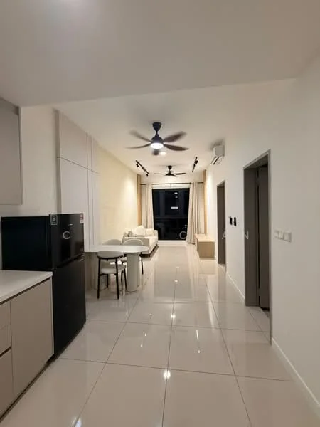 Kitchen features: white cabinetry, black fridge, marble countertop, ceramic tile flooring, recessed downlights; style: modern. Living features: sofa, dining table with chairs, ceiling fan, large windows with sheer curtains, polished tile flooring; style: modern. Room features: white painted walls, air conditioning unit, light fixtures.
