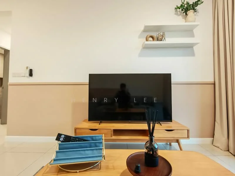 Living features: flat-screen TV on wooden console, wooden coffee table, decorative vase with plant, shelf with decorative items, cream walls with beige accent, white curtains, tile flooring, reed diffuser; style: modern.