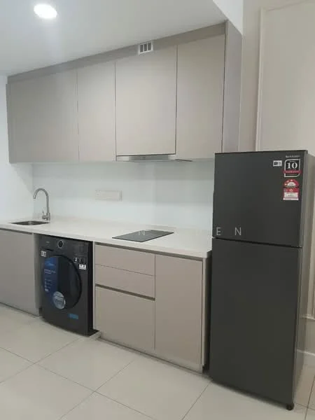 Kitchen features: light grey cabinetry, white quartz countertop, single-bowl stainless-steel sink, chrome pull-down faucet, built-in electric cooktop, black front-load washing machine, stainless-steel fridge, ceramic tile flooring, wall-mounted cabinets, open shelving, recessed downlights; style: modern.