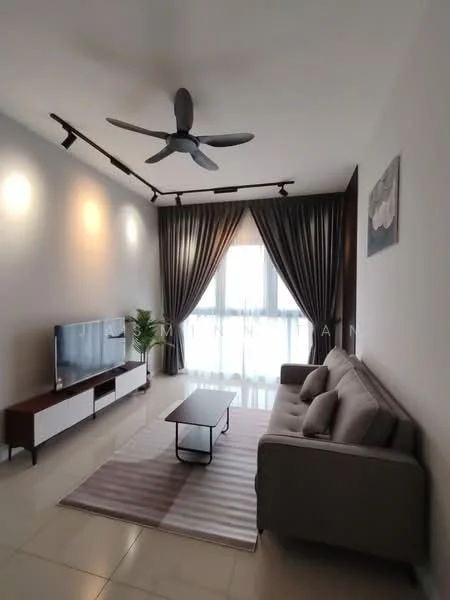 Living features: 3-seater fabric sofa in grey, coffee table, TV console, wall-mounted TV, area rug with geometric pattern, 5-blade ceiling fan with light, floor-to-ceiling windows, sheer curtains, dark wood accent wall, recessed downlights, decorative wall art; style: modern.
