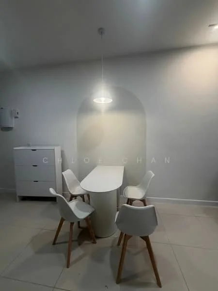Dining features: oval dining table, white tabletop, white chairs with wooden legs, single pendant light, light grey walls, neutral tile flooring, white cabinet, minimalist decor; style: modern.