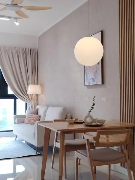 Living features: light grey painted walls, polished marble flooring, 5-blade ceiling fan with light, pendant lamp, sofa in light beige, wooden dining table, 4 dining chairs with cane backrest, framed artwork on wall, floor-to-ceiling window with sheer curtains, decorative plant on table, area rug; style: modern; view: city.