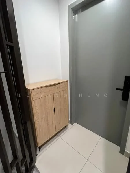 Room features: grey door, wooden cabinet with two doors, light wood finish on cabinet, white walls, tile flooring, corner space, minimalist decor; style: modern.