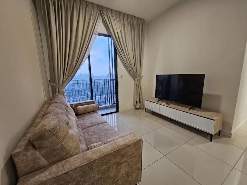 Living features: beige fabric 3-seater sofa, white TV console, wall-mounted flat-screen TV, floor-to-ceiling windows, curtains, glossy tiled flooring, city view, neutral painted walls; style: modern; view: city.