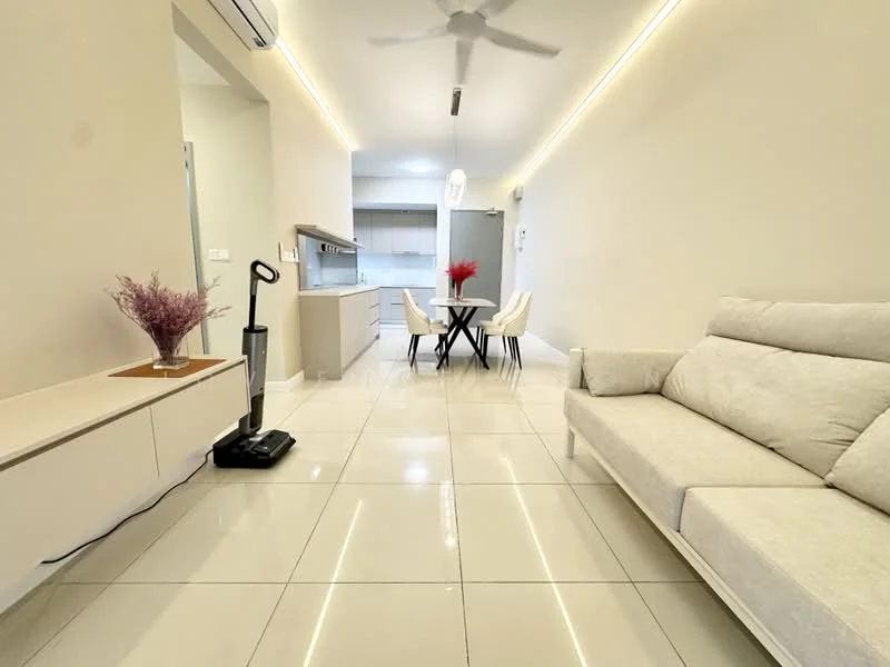 Living features: white painted walls, polished ceramic tile flooring, 5-blade ceiling fan with light, sofa in light grey fabric, coffee table, TV console, decorative vase with flowers, recessed LED downlights; style: modern. Kitchen features: white cabinetry, stainless-steel appliances, kitchen island, marble countertop, open layout to living area; style: modern.