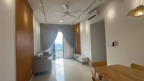 Living features: white painted walls, wood accent wall, polished tile flooring, 5-blade ceiling fan with light, floor-to-ceiling windows, sheer curtains, sliding glass door, sofa in light grey, TV console, dining table with wooden chairs; style: modern; view: city.