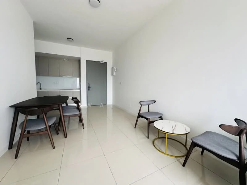 Living features: white painted walls, glossy tile flooring, ceiling lights, dining table with four chairs, small round coffee table, open layout to kitchen, modern design, neutral color scheme; style: modern. Kitchen features: kitchen cabinetry, countertop, sink, stainless-steel appliances, open layout to living area; style: modern.