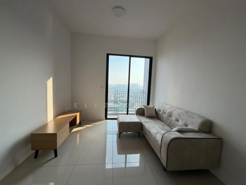 Living features: light grey fabric sofa, wooden coffee table, floor-to-ceiling windows, white painted walls, glossy ceramic tile flooring, recessed ceiling light, city skyline view; style: modern; view: city.