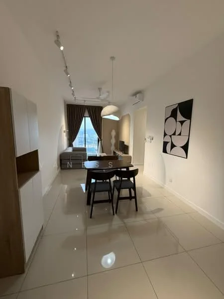 Living features: white painted walls, glossy tile flooring, 5-blade ceiling fan with light, dining table with 4 black chairs, sofa in grey fabric, floor-to-ceiling windows, curtains in brown, decorative wall art; style: modern; view: city.