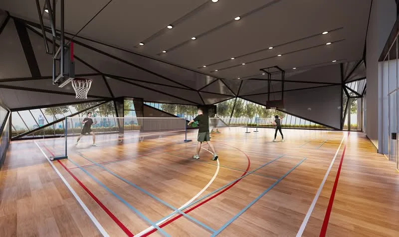 Exterior type: clubhouse; features: basketball court, wood flooring, large windows, modern architectural design, high ceiling, LED recessed lighting, basketball hoop, multi-sport court markings; style: modern.