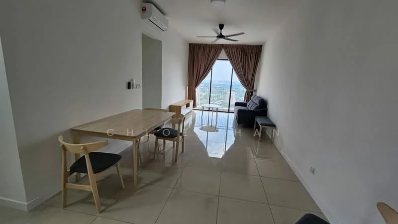 Living features: large floor-to-ceiling windows, grey fabric sofa, wooden dining table, 4 wooden dining chairs, cream painted walls, glossy tile flooring, 5-blade ceiling fan, curtains, air conditioning unit; style: modern; view: city.
