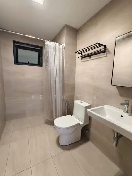 Bathroom features: light beige tile flooring, light beige wall tiles, white toilet, chrome basin mixer faucet, white wall-mounted sink, framed mirror, shower area with white shower curtain, black metal towel rack, window with black frame; style: modern.