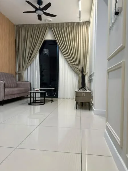 Living features: 3-seater fabric sofa in light grey, glass coffee table, floor-to-ceiling windows, sheer curtains, blackout curtains, light wood accent wall, white painted walls, polished ceramic tile flooring, ceiling fan with light, wall-mounted TV, decorative wall paneling; style: modern.