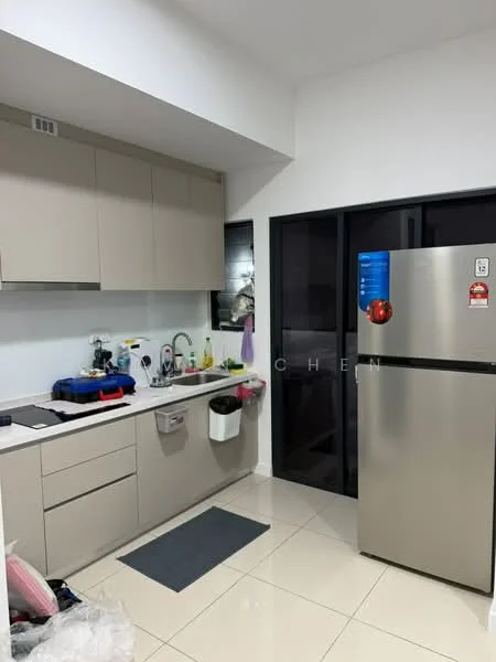 Kitchen features: light grey cabinetry, white countertop, single-bowl stainless-steel sink, chrome pull-down faucet, built-in oven, freestanding stainless-steel fridge, ceramic tile flooring, window with black frame, recessed downlights, kitchen towel holder, dish rack, cutting board, kitchen mat; style: modern.