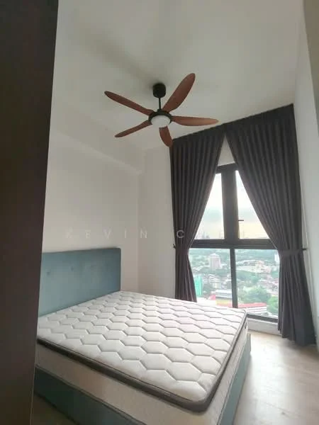 Bedroom features: queen-size bed, upholstered headboard, 5-blade ceiling fan with wooden blades, floor-to-ceiling window, grey curtains, wooden flooring, city view; style: modern; view: city.