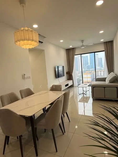 Living features: light grey fabric sofa, white coffee table, wall-mounted TV, floor-to-ceiling windows, city skyline view, recessed downlights, 5-blade ceiling fan, curtains, marble tile flooring, decorative plant; style: modern; view: city. Dining features: 6-seater dining table with white top, upholstered dining chairs in beige, chandelier light fixture, marble tile flooring; style: modern.