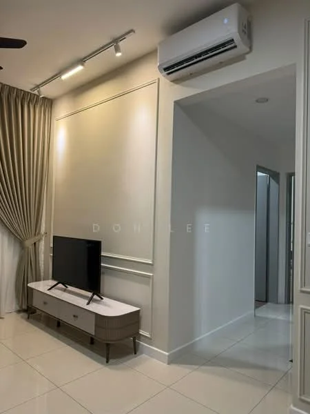Living features: white painted walls, glossy tile flooring, recessed downlights, 5-blade ceiling fan, wall-mounted TV, TV console with storage, floor-to-ceiling curtains, air conditioning unit; style: modern.